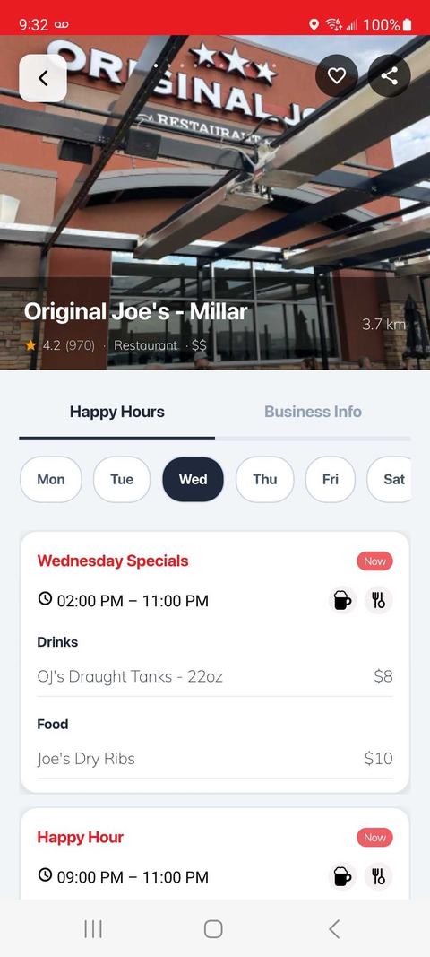 A restaurant's happy hour listing in the HappyHourHere app