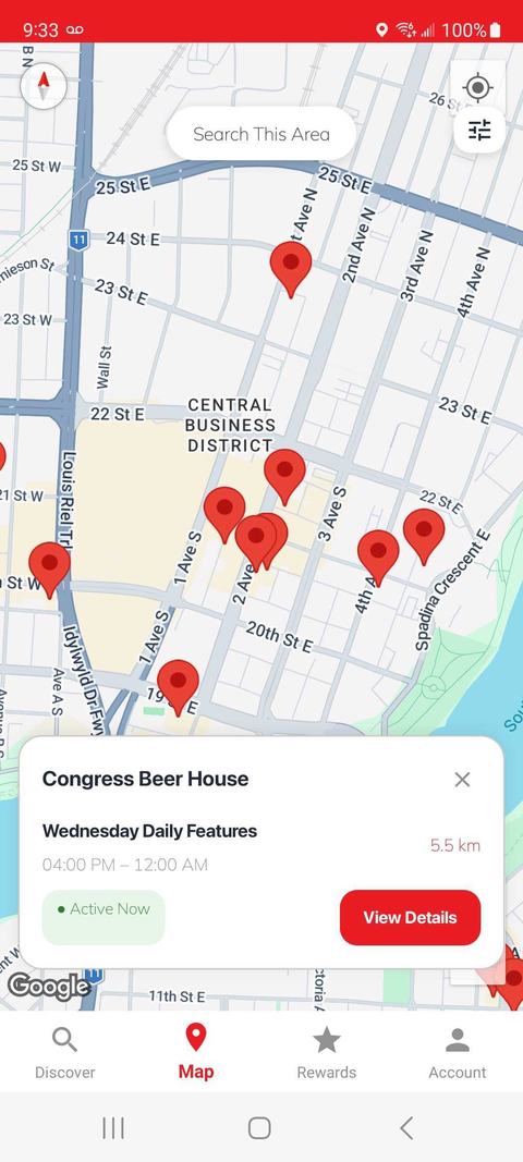 Nearby happy hours on the map in the HappyHourHere app